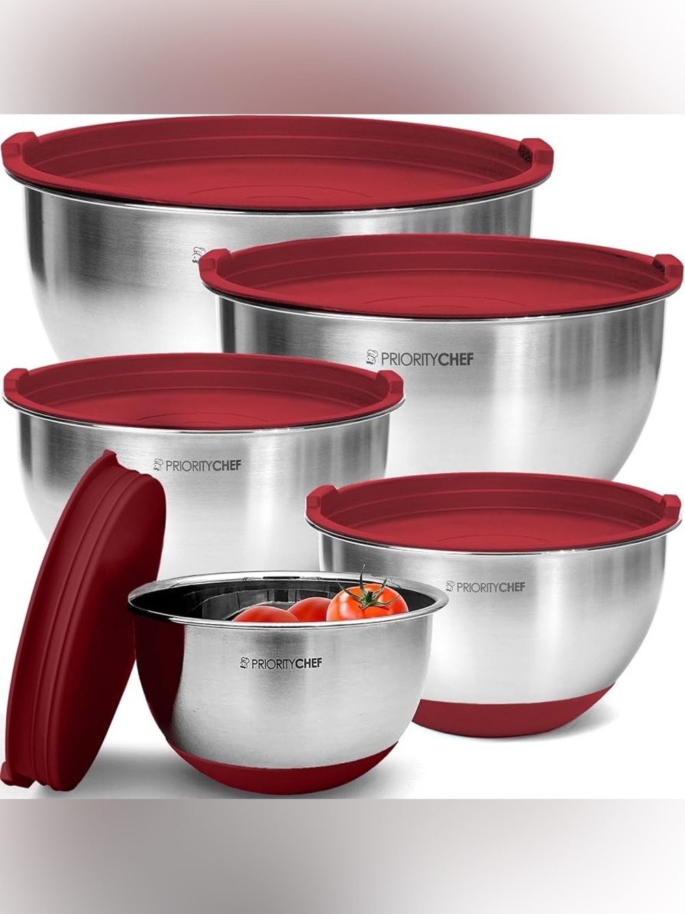 NWT Priority Chef 5-Piece Stainless Steel Mixing Bowl Set Red Lids